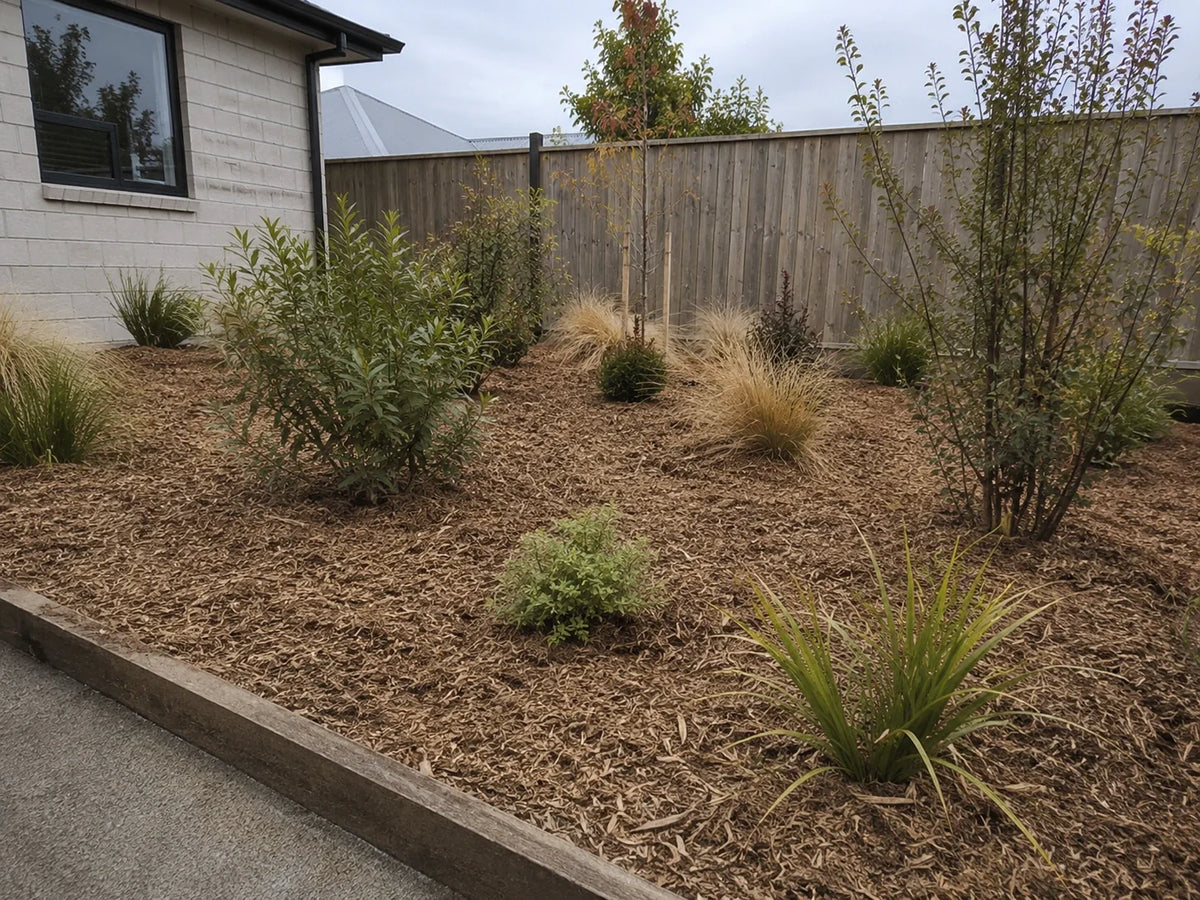 Shredded mulch around young shrubs and grasses in a Christchurch garden bed