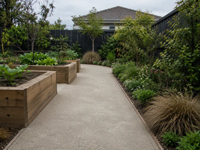 Finished AP5 crusher dust path between raised garden beds and native planting