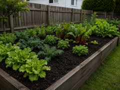 Vegetable garden bed with dark Black Earth compost around leafy greens and herbs