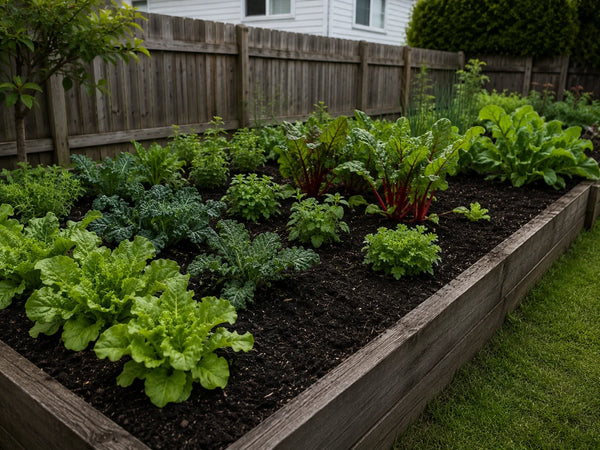Vegetable garden bed with dark Black Earth compost around leafy greens and herbs