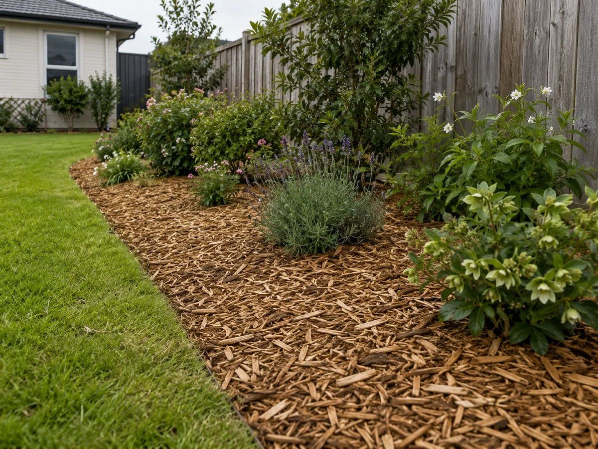 Natural golden-brown Eco mulch spread around flowering plants and shrubs
