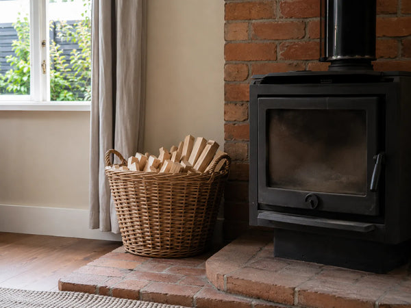 Basket of pale kiln-dried kindling beside a black wood burner and brick hearth