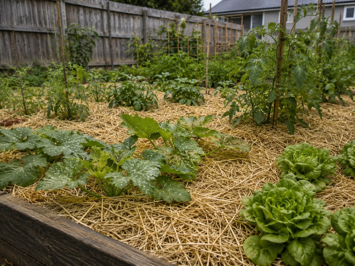 Pea straw mulch around vegetables in a raised garden bed