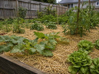 Pea straw mulch around vegetables in a raised garden bed