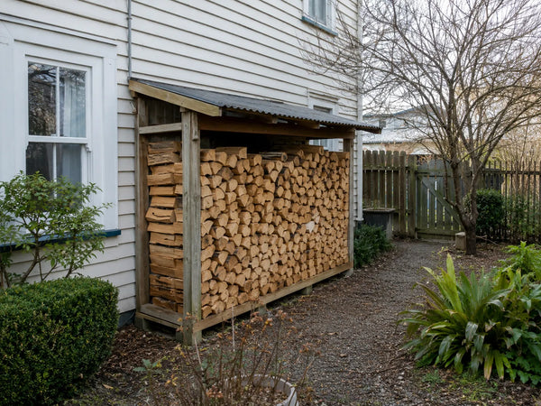 Dry split pine firewood stacked in a covered woodshed beside a weatherboard home