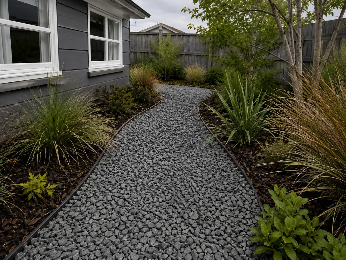 Greywacke chip garden path winding through native planting