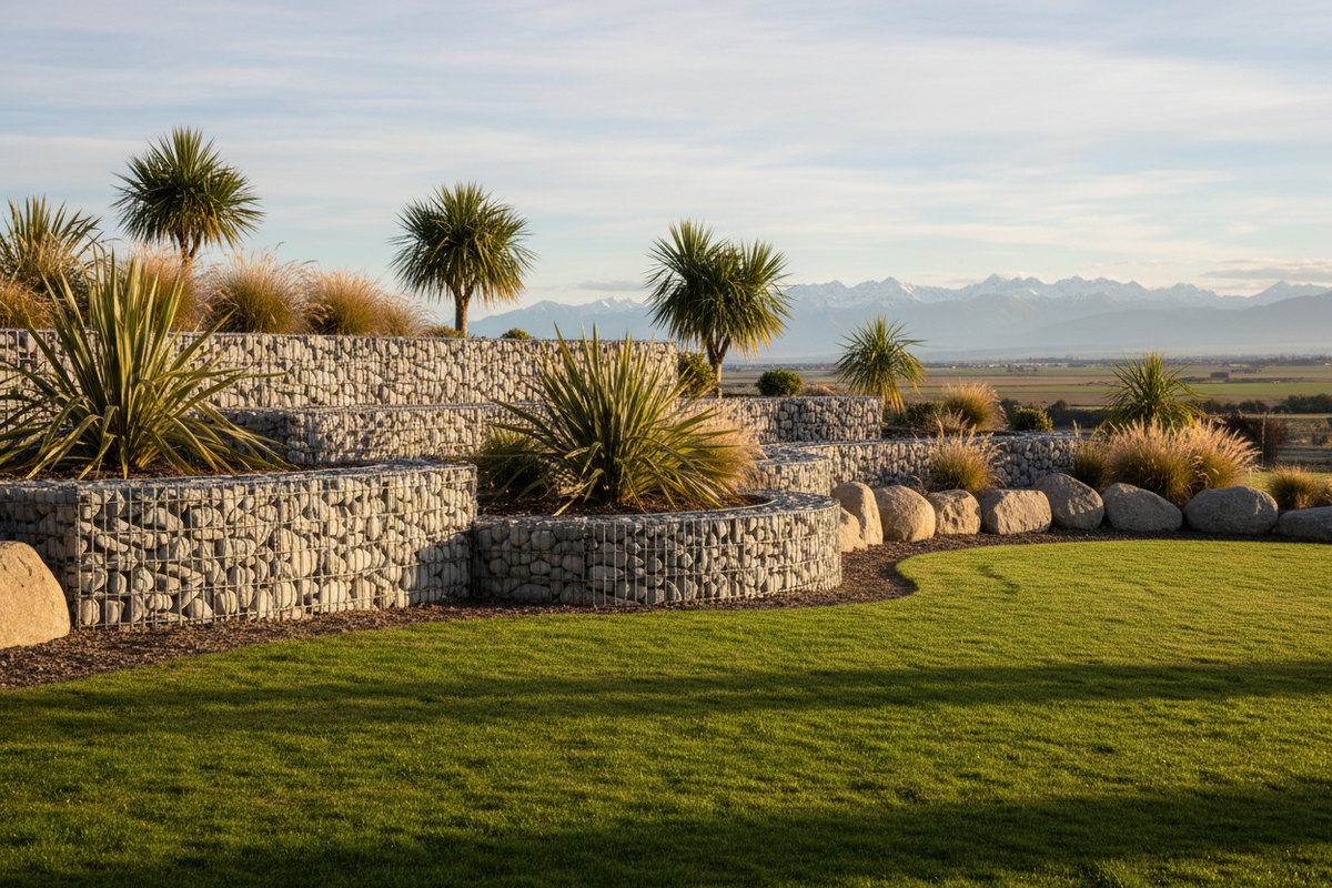 Large gabion boulders used in a Canterbury landscape