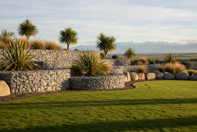 Large gabion boulders used in a Canterbury landscape