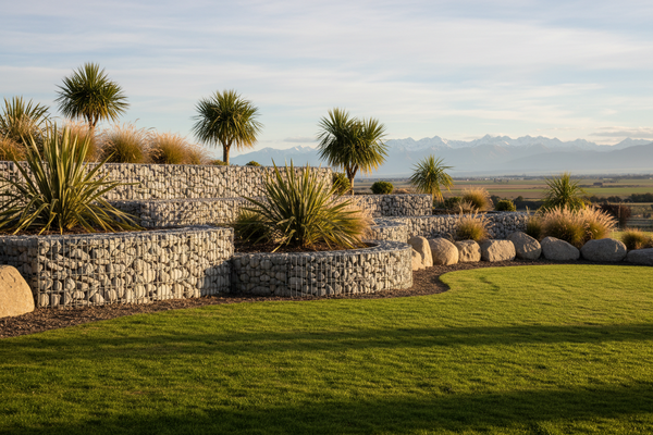 Large gabion boulders used in a Canterbury landscape