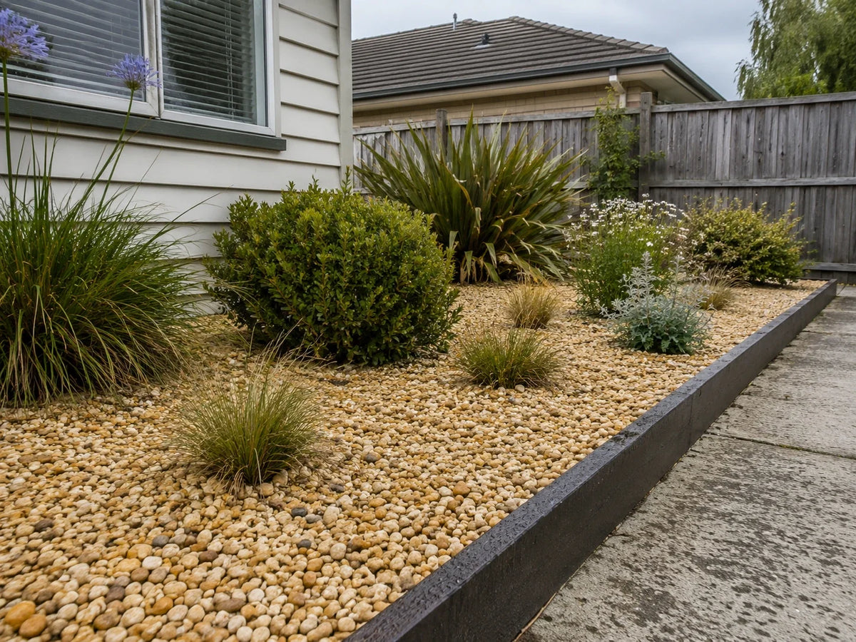 Cream and gold Oamaru pebbles around low grasses and flowering plants