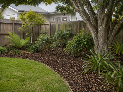 Coarse tree mulch spread beneath mature trees and shrubs in a Canterbury garden