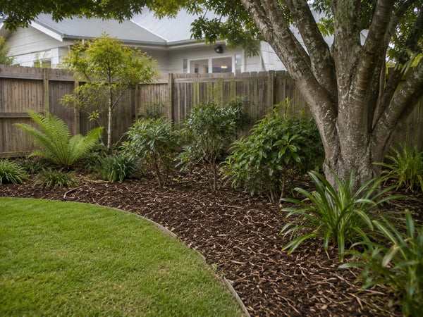 Coarse tree mulch spread beneath mature trees and shrubs in a Canterbury garden